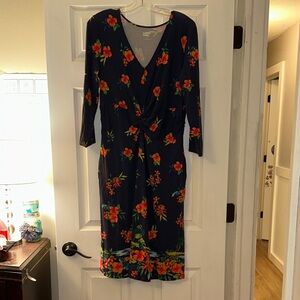 Lands' End Dark Blue Dress with Orange Floral Pattern
